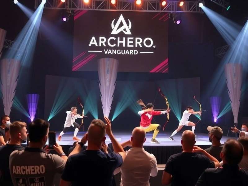 Archero Vanguard National Tournament Archero Vanguard tournament in Mumbai with players competing on stage and a large crowd watching